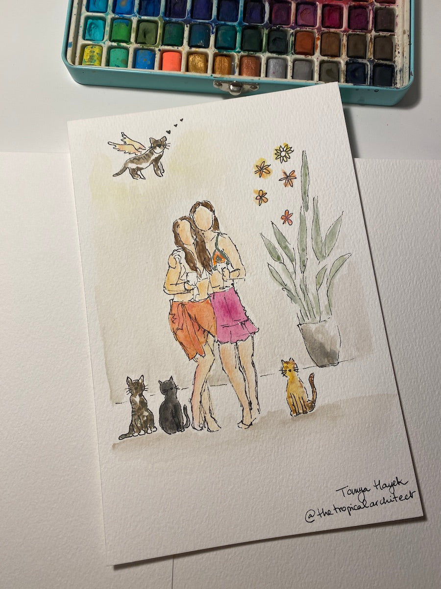 Hand-painted personalized watercolor portrait of two friends, displayed as a thoughtful Galentine's Day gift idea. 
