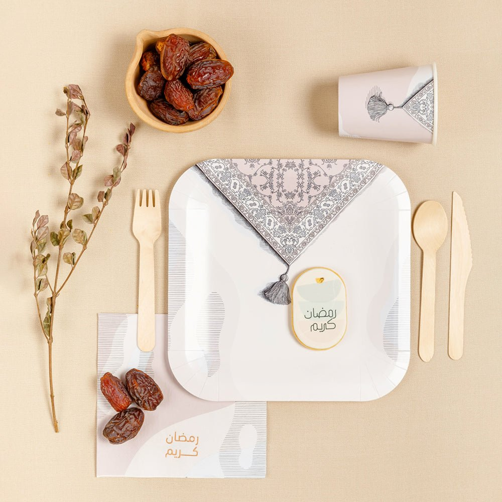 Curated Ramadan table accessories gift box for kids, including festive plates, cups, napkins, and cutlery, styled for a child-friendly iftar setup.