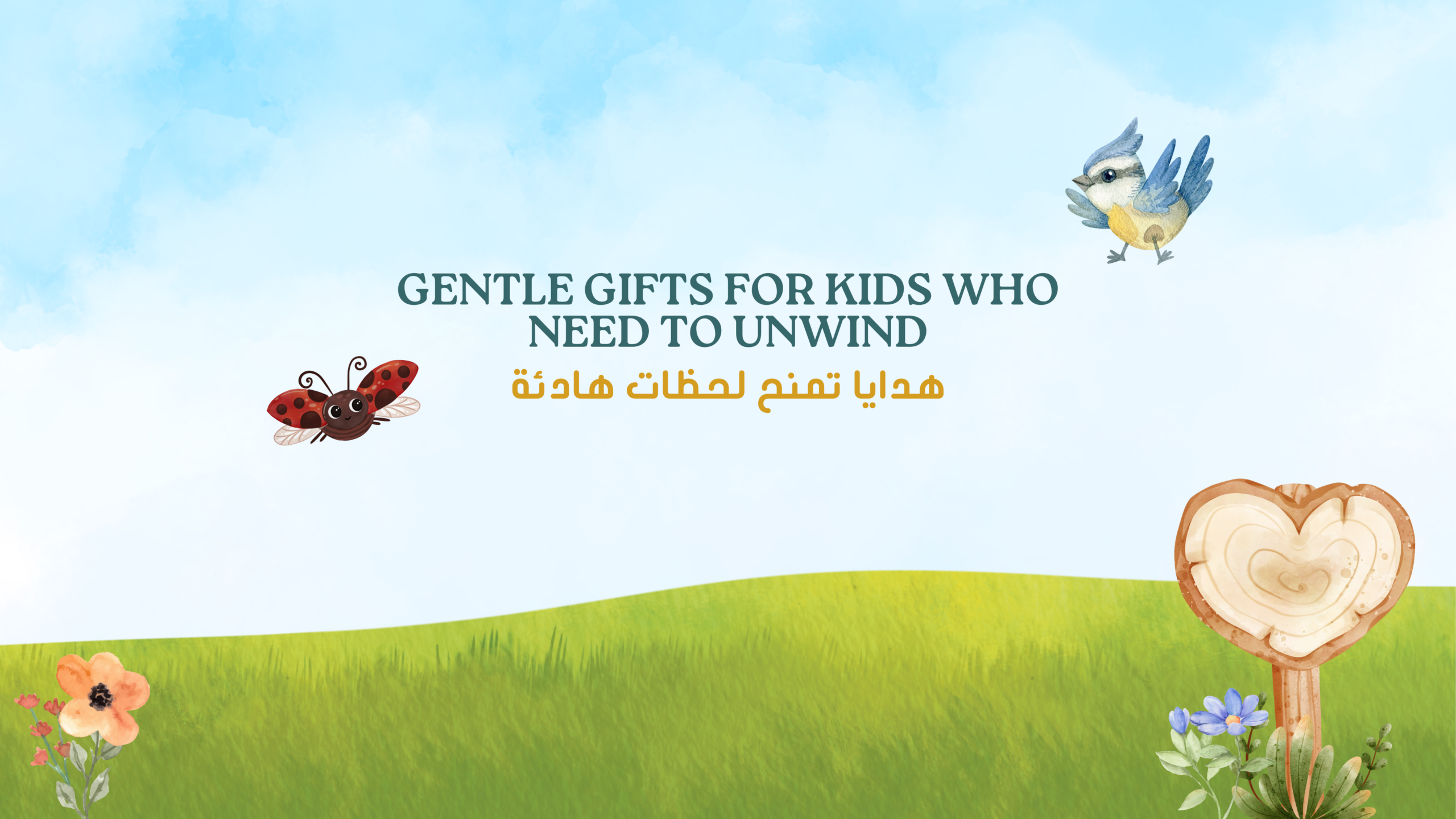 Cute illustrated cover photo for kid’s gift guide featuring a bright sky, grass, flowers and cute bird and ladybug, with the title “Gentle Gifts For KidsWho Need to Unwind” and Arabic text “هدايا تمنح لحظات هادئة"