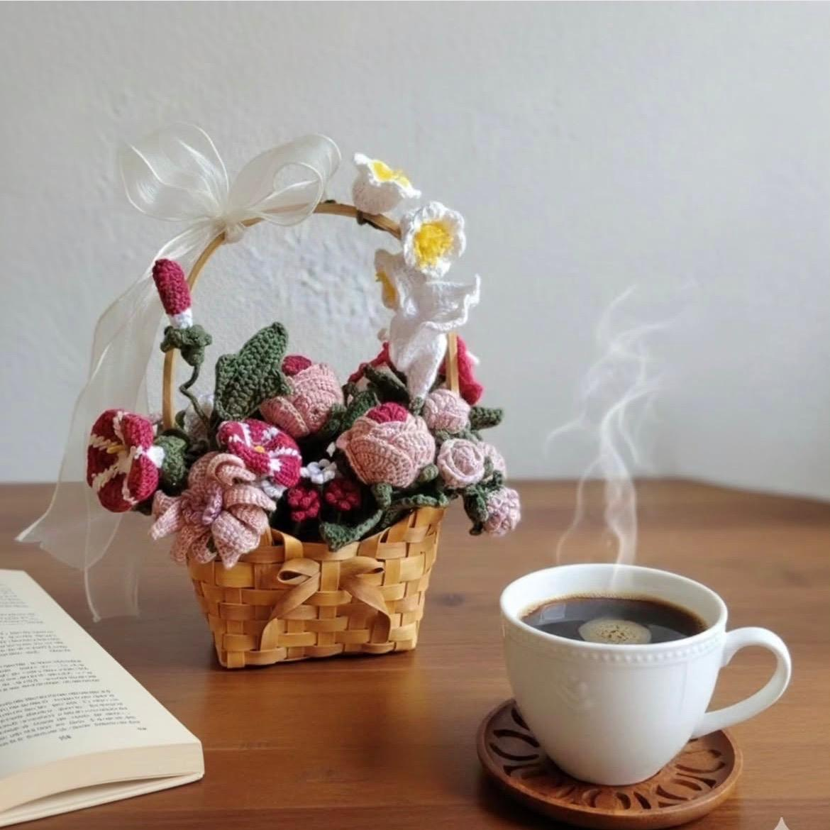 A handmade crochet flower basket showcasing a soft, textured design that offers a lasting alternative to a traditional bouquet