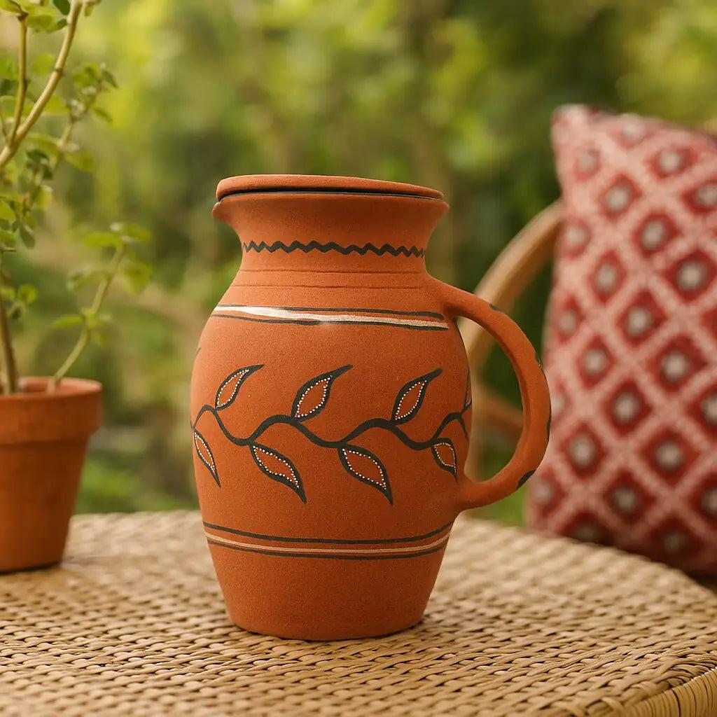 Handmade terracotta jug with a warm earthy tone, designed as a rustic tableware piece ideal for serving cool water in summer